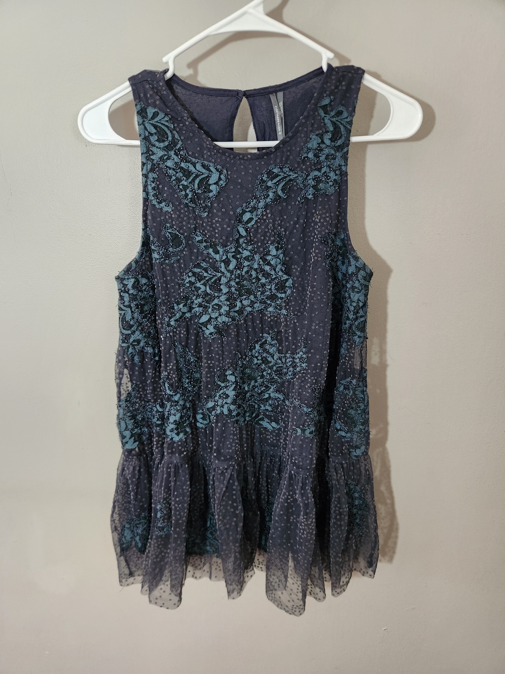 Anthropologie Blue Tank Top Embroidered Floral Beaded Overlay Glam Flapper 1920s